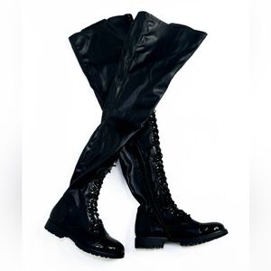 Akira, Azalea Wang thigh high, flat, lace up leather boots, in black. Size 10
